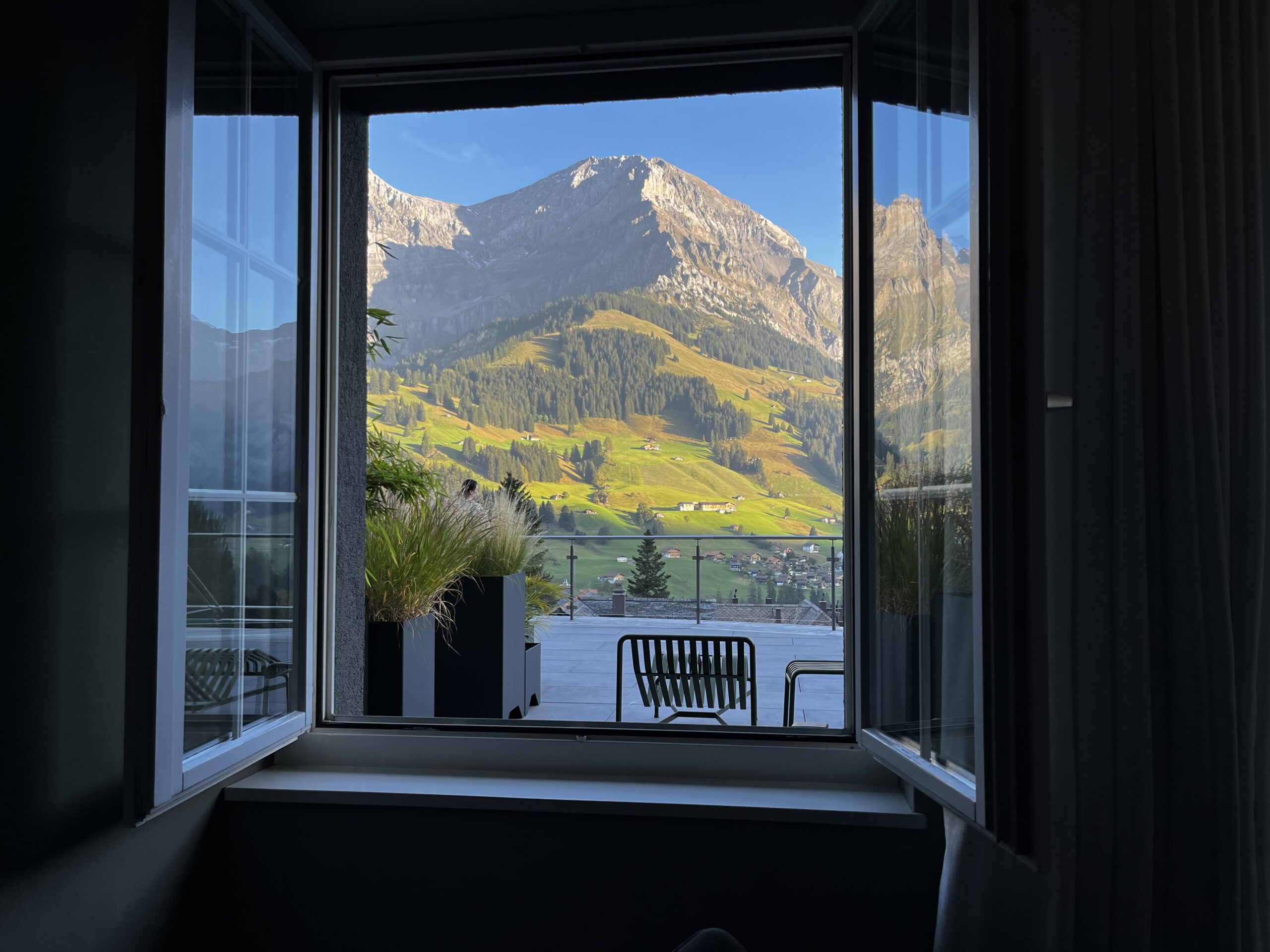 Alpine hotel room view, Switzerland